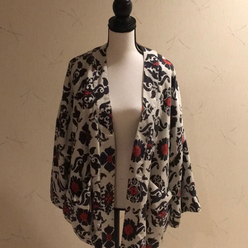 Anthropology jacket, oversized,draped sleeve, red and blue print on off white